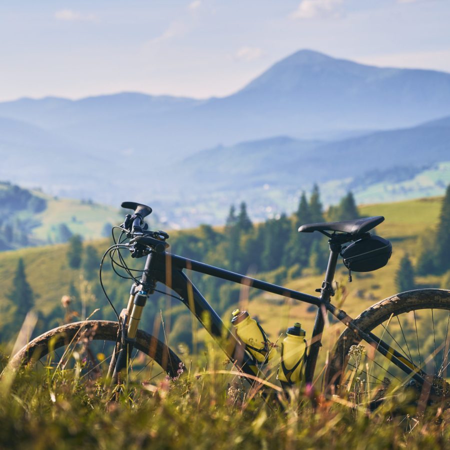 Picturesque snapshot of bicycle in the mountains. Beautiful natural landscape: mountain peak, green hills, evergreen spruces, meadow with wildflowers in summer.